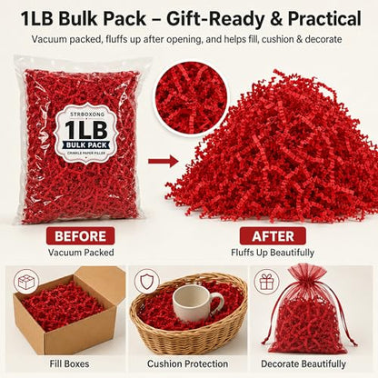 STRBOXONG Red Crinkle Paper Filler 1 LB, Recyclable Crinkle Cut Paper Shred for Gift Baskets, Gift Boxes, Gift Bags, Valentine Gifts, Christmas Party Favors, Birthday and Holiday Packaging - color: Red