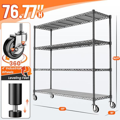 48" W Storage Shelves 1500LBS Metal Shelving Unit with Wheels, Adjustable Garage Shelving Heavy Duty Wire Rack with Liners for Pantry Warehouse Commercial Office, 48" W x 18" D x 76.77" H - size: 48" W x 18" D x 76.77" H-4 Tier