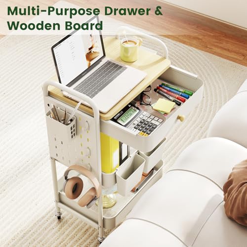 danpinera Rolling Utility Cart with Drawer, 3 Tier Rolling Cart with Wheels, Hooks & Hanging Cups, Craft Cart Art Cart Snack Cart Rolling Storage Cart with Wooden Table Top & DIY Pegboards, White - color: Ivory