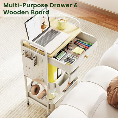 danpinera Rolling Utility Cart with Drawer, 3 Tier Rolling Cart with Wheels, Hooks & Hanging Cups, Craft Cart Art Cart Snack Cart Rolling Storage Cart with Wooden Table Top & DIY Pegboards, White - color: Ivory