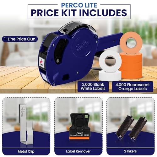 Perco Price Gun 1-Line Kit with 2 White 4 Orange Rolls, Clip & Ink Rollers - color: Fluorescent Orange