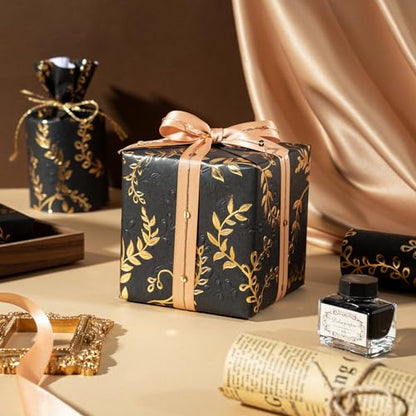 WRAPAHOLIC 3D Kraft Wrapping Paper Roll - Mini Roll - 17 Inch x 16.5 Feet - Gold and Black Leaves Design with Embossed Perfect for Birthday, Holiday, Wedding, Baby Shower - color: Black & Gold Leaves