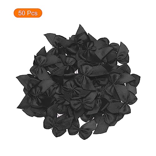 MECCANIXITY 50Pcs Mini Ribbon Bow 1" Mini Fabric Satin Ribbon Flower Bows for Craft DIY Sewing Wedding Birthday Party Black - color: Black