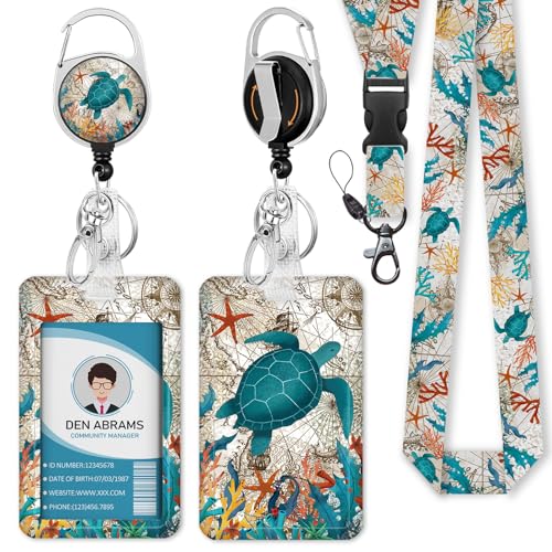 Piefly Lanyard for Id Badge, Teacher Retractable Reel Sea Turtle - color: Turtle