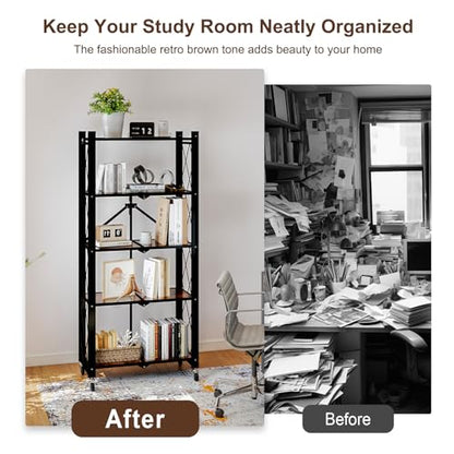 5 Tier Folding Shelf with Wheels, Wood and Metal Bookshelf - color: Brown Wooden, size: 5 Tier