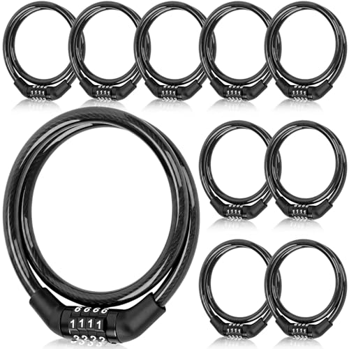 Hotop 10 Pcs 2 Feet Bike Lock Cable with Combination, Coiled Preset Bike Lock High Security 4 Digit Bicycle Locks Anti Theft Bikes Accessories Black Bicycle Cable Locks, 5/6 Inch Diameter - size: 2 Feet