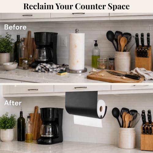 Aureo Covered Paper Towel Holder Under Cabinet, No Drill, Hooks Over Shelf - color: Black