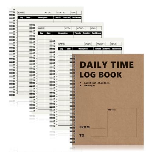 3 Pcs Daily Time Sheet Log Book Spiral 120 Pages 8.5x11 Inch Binder Work Hours Log Book Payroll Record Book Timesheet logbook Daily Journal Weekly Time Sheet Book for Small Business Office (3)