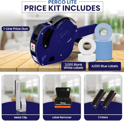 Perco Price Gun 1-Line Kit with 2 White 4 Blue Rolls, Clip & Ink Rollers - color: Blue