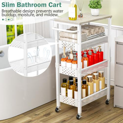 Vivihomety 4-Tier Laundry Utility Rolling Storage Cart with Wheels, Metal - color: White, size: 8.1 inch wide