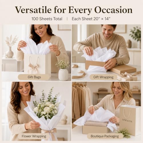 ROVIBIOBIO 100 Sheets White Tissue Paper for Gift Bags, 20 x 14 Inch - color: White