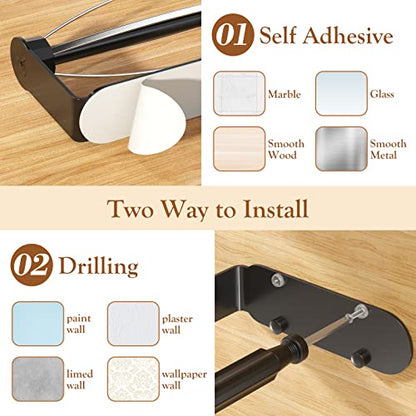 Paper Towel Holder Under Cabinet, Single Hand Operable Wall Mount with Damping Effect, Self-Adhesive or Drilled Paper Roll Holders for Kitchen, Bathroom, RV(2 Towel Robe Hooks) - color: Black