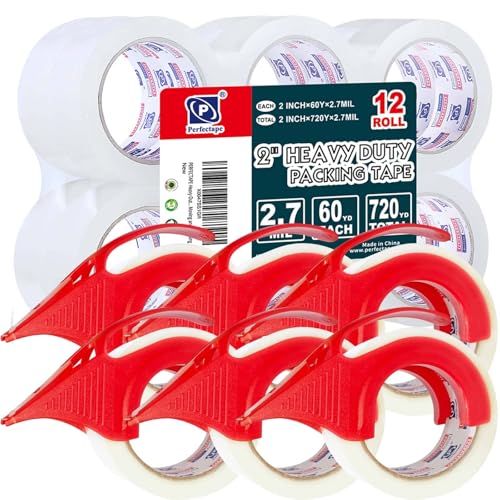 PERFECTAPE Heavy Duty Packing Tape with Dispenser, 12 Rolls, 1.88" x 60Y - size: 12-PACK&6-DISP