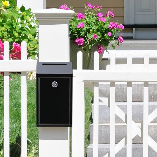 Pay Here Cash Box for Farm Stand, Cash Drop Box with Lock and Slot, Metal Money Drop Box with 4 Keys Wall Mount, Black - color: Black