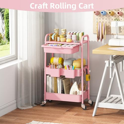 KINGRACK 3 Tier Metal Rolling Cart with Drawer, Pink Utility Storage Cart - color: Pink