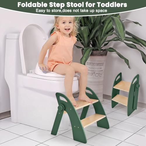 Step Stool for Toddlers, Foldable Wooden 2 Step Stool, Toddler Step Stool for Bathroom Sink & Potty Training, Kitchen Helper with Handles and Non-Slip Pads(Dark Green) - color: Dark Green