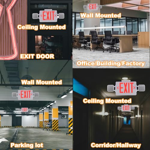 Red Exit Sign with Emergency Lights, 200lm 3Hours Plug in Exit Sign Battery Backup Lights for Business,Commerical Emergency Lighting Combo UL 924 AC85-277V Double Face - color: White Housing +Red EXIT, size: Square Heads