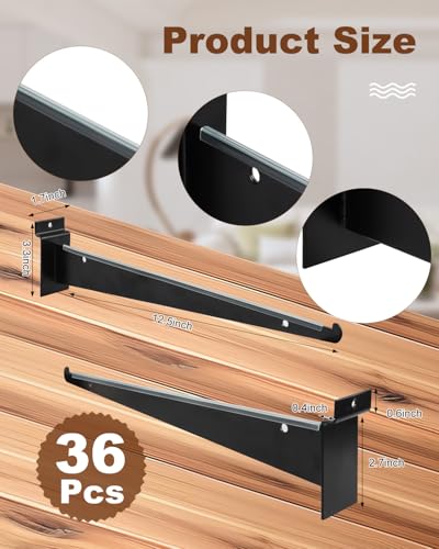 MUZIK 36Pcs 12" Slat Wall Hooks with Lip, Heavy Duty Slatwall Shelf Bracket - size: 36Pcs