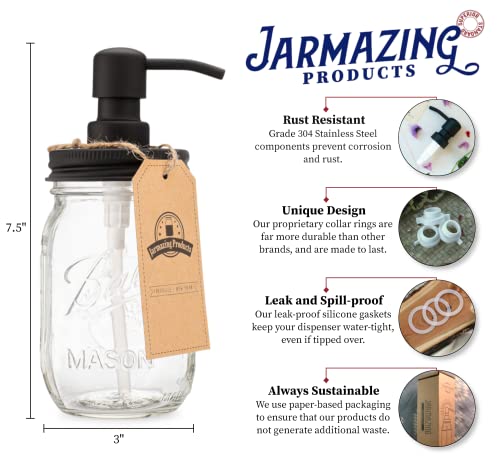 Jarmazing Products Mason Jar Soap Dispenser - Black - with 16 Ounce Ball Mason Jar - Made from Rust Proof Stainless Steel - Two Pack - size: Pack of 2