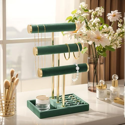 Jewelry Organizer Stand Display, 3 Tier Velvet Bracelet Holder, Green - color: Dark Green, size: Standard