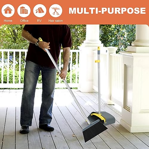 Long Handled Dustpan and Brush, Broom and Dustpan Set, Household Dust pan Combo with 54 Inch Handle for Indoor Outdoor Household Cleaning and Sweeping (Yellow) - color: Yellow