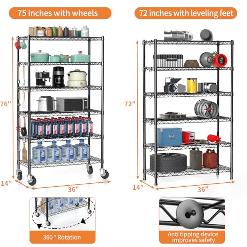 Hodonas 2300LBS Wire Shelving Unit with Wheels, Black, 36"W x 14"D x 75"H