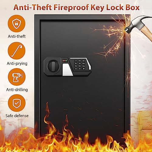 144 Keys Heavy Duty Fireproof Key Lock Box Wall Mount with Code&Hook Plates - size: 144 Keys