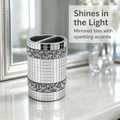Silver Mirrored Mosaic Glass Toothbrush Holder - size: Toothbrush Holder