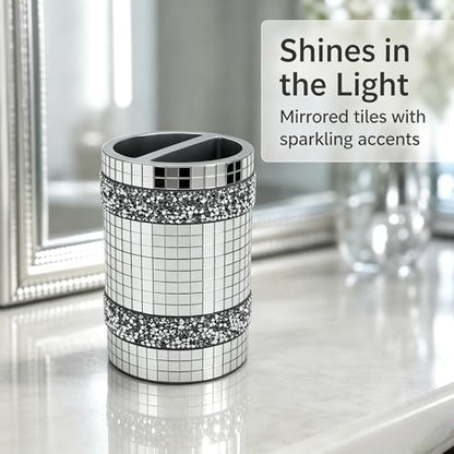 Silver Mirrored Mosaic Glass Toothbrush Holder - size: Toothbrush Holder
