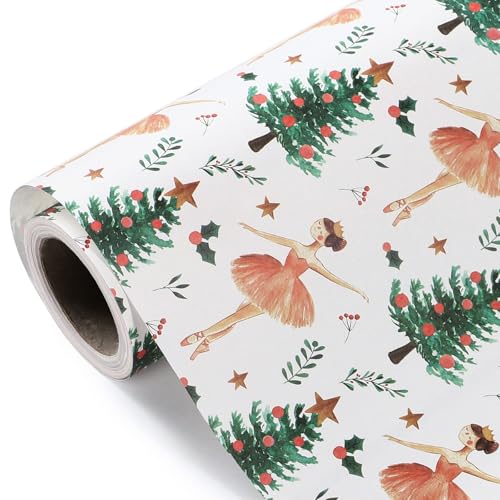 WRAPAHOLIC Kraft Christmas Wrapping Paper - Mini Roll - 17 Inch x 33 Feet - Sugar Plum Fairy Wrapping Paper with Christmas Tree Design for Holiday, Party Celebration - color: Sugar Plum Fairy, size: 17 inch x 33 feet