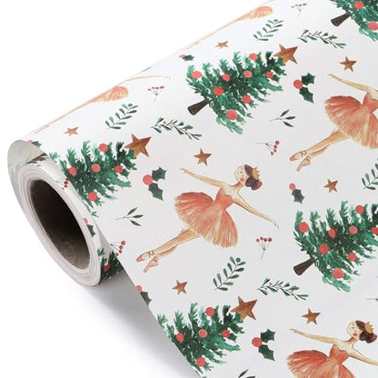 WRAPAHOLIC Kraft Christmas Wrapping Paper - Mini Roll - 17 Inch x 33 Feet - Sugar Plum Fairy Wrapping Paper with Christmas Tree Design for Holiday, Party Celebration - color: Sugar Plum Fairy, size: 17 inch x 33 feet