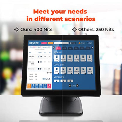MUNBYN POS Touch Screen Monitor 17-inch 400 nits Flat Capacitive LED Touchscreen Monitor POS System and Black Cash Register Drawer, 16" Wide Cash Drawer with Removable Coin Tray