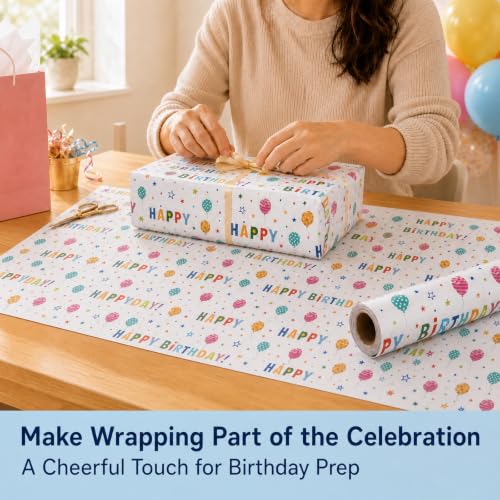 Ulmasinn Birthday Wrapping Paper Roll, Reversible Happy Birthday & Colorful Stars Design, Thick 80gsm Gift Wrap Paper, 17" x 33' Mini Roll for Kids, Teens and Adults, Birthday Gifts, Toys, Books and Party Presents - color: Birthday white