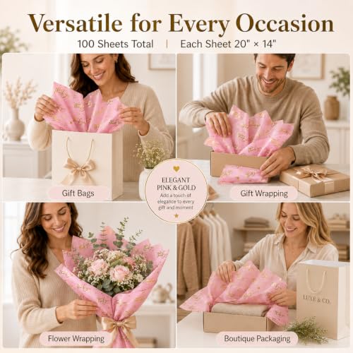 ROVIBIOBIO Thank You Pink Tissue Paper, 100 Sheets, 20 x 14 Inch - color: Gold Pink