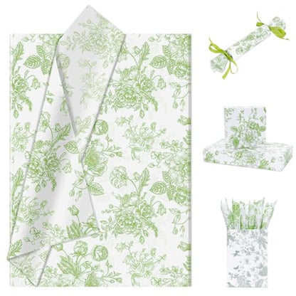 Larcenciel Elegant Floral Tissue Paper for Gift Bags, Sage Green Flower Gift Wrapping Tissue Paper, Pretty Botanical Packing Supplies for Wedding Gifts, Birthday Presents & Crafts, 20x14 in 30 Sheets - color: Green And White