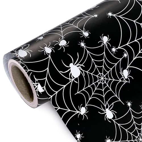 WRAPAHOLIC Halloween Wrapping Paper - Mini Roll - 17 Inch x 16.5 Feet - Black White Spider Web and Spider Wrapping Paper for Halloween Deco, Holiday, Party - color: Spider Web & Spider
