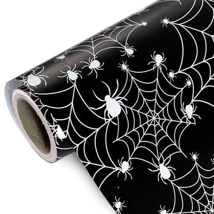 WRAPAHOLIC Halloween Wrapping Paper - Mini Roll - 17 Inch x 16.5 Feet - Black White Spider Web and Spider Wrapping Paper for Halloween Deco, Holiday, Party - color: Spider Web & Spider