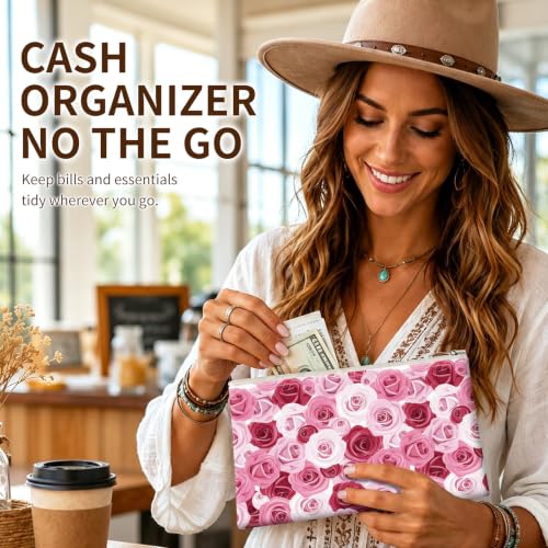Money Bag with Zipper, Cute PU Leather Cash Bags, Portable Bank Bag Money Pouch for Cash, Coins, Checks, Receipts, Invoices Cosmetics Tools, Deposit Bag for Office Travel, Pink Rose - color: Pink Rose