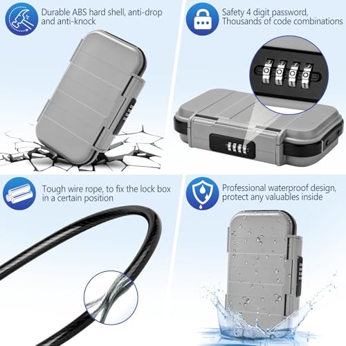 Portable Travel Safe Lock Box 4-Digit Combination Mini Safe Box, Anti-Theft Beach Security Lockbox Waterproof Small Lockable Box with Removable Wire Rope for Dorm Beach Hotel Car Home Office - color: Grey
