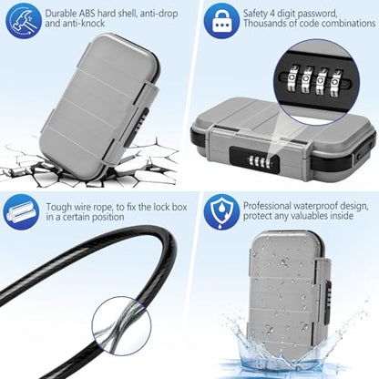 Portable Travel Safe Lock Box 4-Digit Combination Mini Safe Box, Anti-Theft Beach Security Lockbox Waterproof Small Lockable Box with Removable Wire Rope for Dorm Beach Hotel Car Home Office - color: Grey