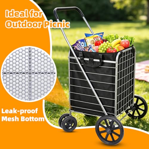 Folding Shopping Cart with Large Front Wheels, Grocery Cart with Waterproof Liner, 360° Swivel Dual Rear Wheels, Heavy Duty Collapsible Utility Wagon, Perfect for Groceries Laundry Luggage Travel - size: Large+Single Basket