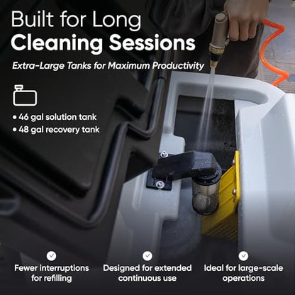 Battery Powered Ride-On Commercial Floor Scrubber Machine, 38" Brush, 48" Squeegee Width, 46 gal Solution Tank, 48 gal Recovery Tank, 5 hr Use 8 hr Charge, 180 RPM, 84,000 Sqft/H, Batteries Included - size: 38"