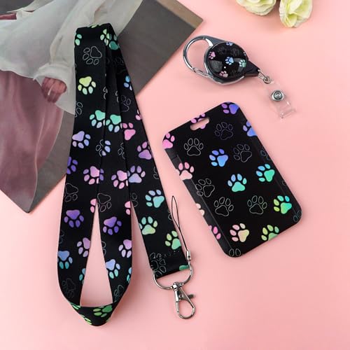 Black Lanyards with ID Badge Holder, Plastic Vertiacl Card Holder with Heavy Duty Retractable Reel Clip, Cute Paw Neck Lanyard for Kids, Girl, Women, Nurse - color: Paw