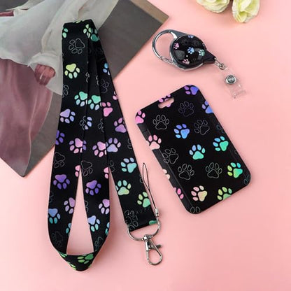 Black Lanyards with ID Badge Holder, Plastic Vertiacl Card Holder with Heavy Duty Retractable Reel Clip, Cute Paw Neck Lanyard for Kids, Girl, Women, Nurse - color: Paw