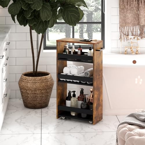 TEAMIX Slim Rolling Storage Cart, Wood 4-Tier Narrow Kitchen/Laundry Cart - color: Brown+black, size: 7-7/8'' W