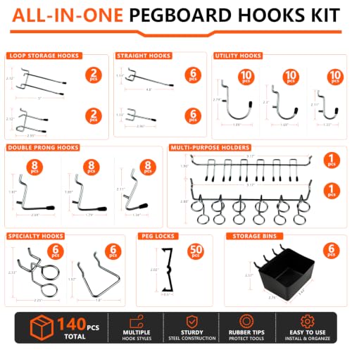 Pegboard Accessories Kit, 140Pcs Peg Board Hooks for Hanging