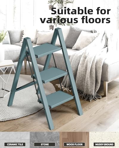 HillhutApex 3 Step Stool Foldable Ladder,Aluminum Step Ladder - color: Light Blue