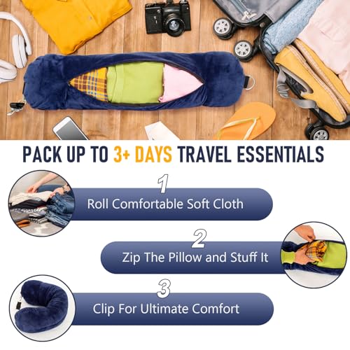 Travel Neck Pillow Stuffable with Clothes, Stuffable Travel Pillow - color: Navy Blue
