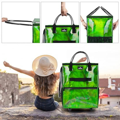 Reusable Grocery Bag On Wheels, 70L Foldable Rolling Tote with 6 Pockets - color: Gradient Green, size: Medium