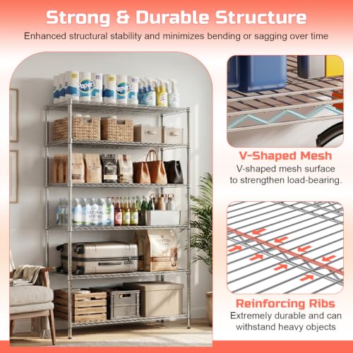 FDW | 6-Tier Wire Shelf with Wheels | 48" x 18" x 76" | Chrome - color: Chrome, size: 48×18×76